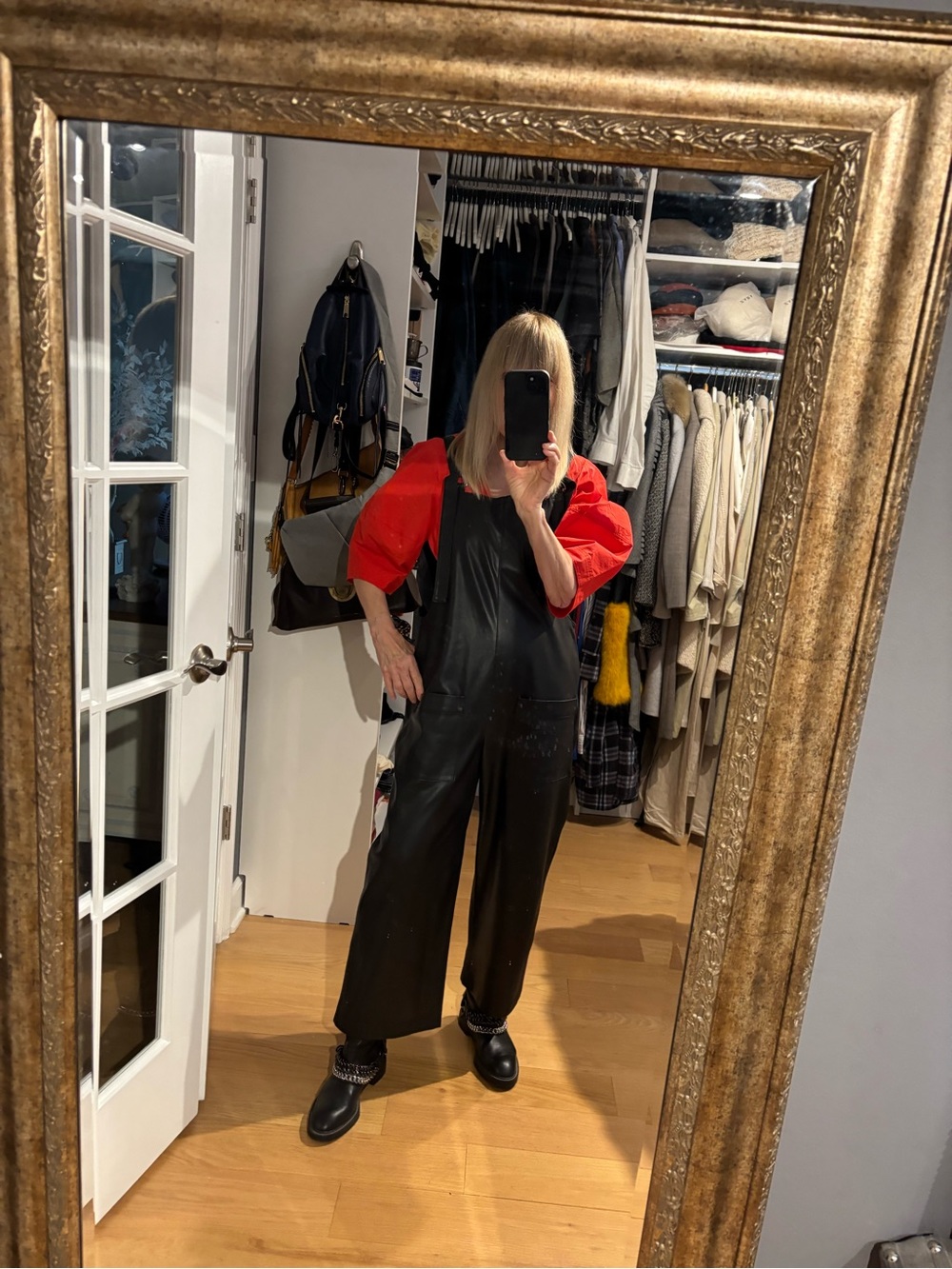 Zara Black Faux Leather Wide-Leg Overalls